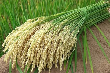Expansive View of Golden Paddy Grains Bunched Together under Warm Afternoon Lighting in a Serene Paddy Field Setting