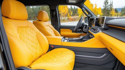 Luxurious yellow leather SUV interior; autumn road view.  Perfect for automotive ads