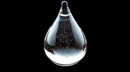 Close-up of a single, transparent water droplet against a black background, showcasing its texture and internal bubbles.
