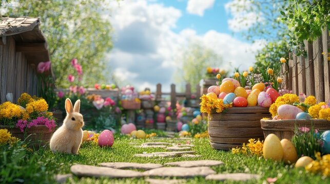 Charming easter fair scene with festive folk decorations and vibrant spring garden