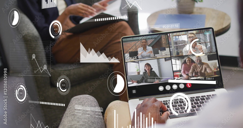 Poster image of data processing over diverse colleagues having image call in office