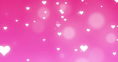 White hearts image over pink background with bokeh lights