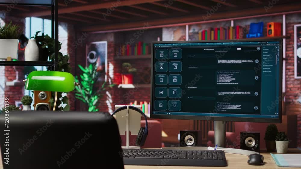 Fototapete AI LLM chatbot answering user prompts using predictive technology in home office. Computer setup in apartment workspace using large language model program with artificial intelligence, panning shot