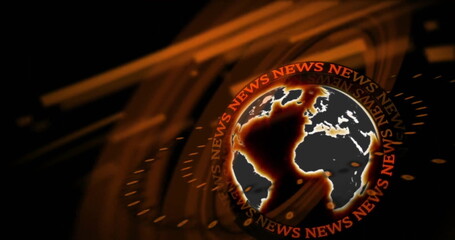 Image of globe with news texts over moving shapes