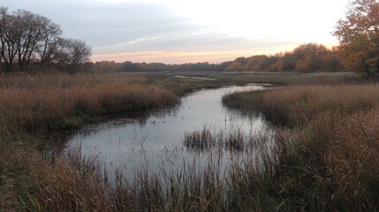 Serene autumn river landscape at sunset, tranquil nature scene, peaceful background ideal for travel brochures