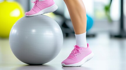 Woman Exercising with a Fitness Ball and Pink Sneakers in Gym