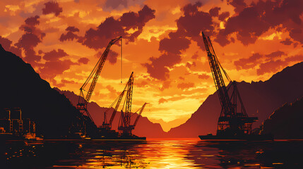 Obraz premium Dramatic sunset seascape with industrial cranes silhouetted against fiery sky and reflective water in mountainous cove setting for stunning visual impact. Twilight Cove. Illustration