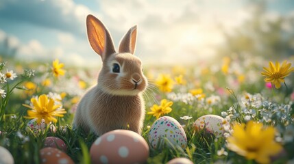 Easter bunny with colorful easter eggs in a flower-filled meadow under sunny skies