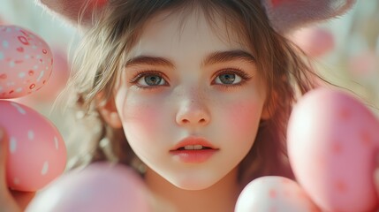 Happy easter celebration with teen girl wearing bunny ears and pastel eggs