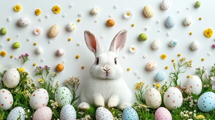 Easter bunny border with decorative eggs and flowers for invitations and spring designs