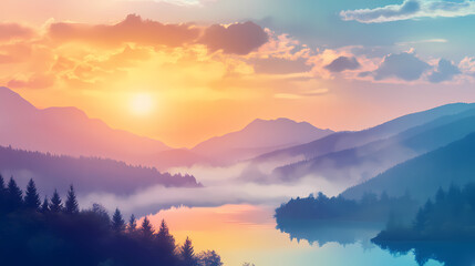 Obraz premium Morning sunrise with colorful cool bluish effect and clouds with bright sky through foggy mountain range and lake landscape, coved with pine forest. Twilight Cove. Illustration