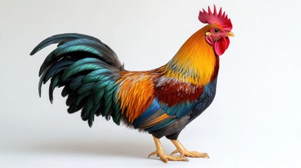 Fototapeta premium Vibrant Rooster Displaying Colorful Plumage Against a White Background
