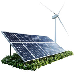 Renewable energy setup with solar panels and a wind turbine ideal for sustainability and eco-friendly themes isolated on transparent background, png