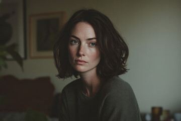 Fototapeta premium Woman in her thirties with natural beauty posing indoors, reflecting tranquility and thoughtfulness