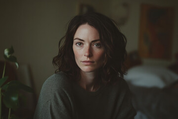 Fototapeta premium Woman with curly hair reflects quietly in a cozy room while sitting by a plant during the afternoon