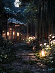 A traditional Japanese lanterns gently illuminate a quiet Japanese temple courtyard the stone path, and tall bamboo trees. Vertical composition