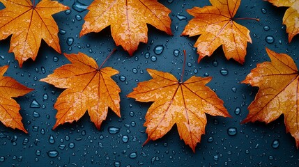 Autumn leaves with water drops on dark background.