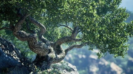 Fototapeta premium Ancient twisting tree on sunlit rocky hillside with lush green leaves