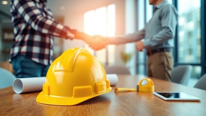 Construction Deal Sealed With Handshake And Helmet