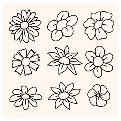 Set of Simple Flower Line Art, Set of decorative vector flowers in doodle style