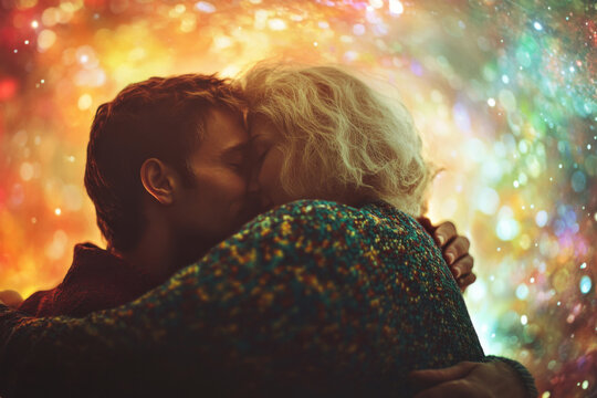 Couple embracing and supporting each other during oncology treatment in a colorful atmosphere