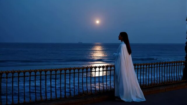Elegantly dressed woman gazing at full moon reflecting on calm, moonlit ocean during tranquil nighttime scene