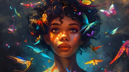 Dreamy portrait of a woman surrounded by glowing butterflies, concept of beauty, imagination