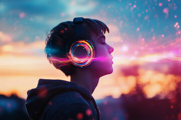 Exploring serenity through guided meditation with headphones at sunset