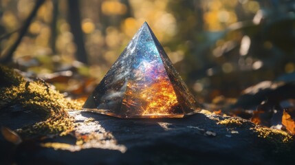 Fototapeta premium Enchanting crystal pyramid reflecting autumnal forest light