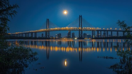 Fototapeta premium Moonlit Bridge Over Tranquil River at Night with Stars Reflected on Water