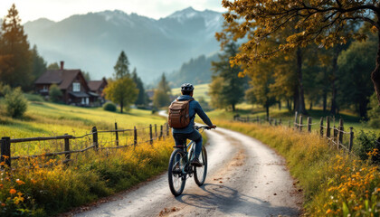Fototapeta premium Cycling Through Idyllic Alpine Village: A Serene Autumn Journey