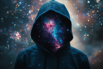 Teen in galaxy hoodie stands against a cosmic background showcasing a vibrant universe