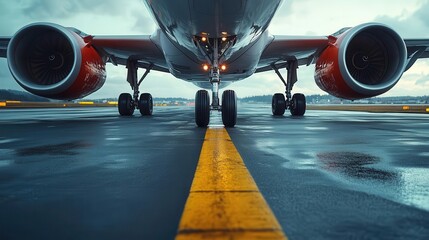 Airplane on runway, close-up of airplane wheels and landing gear, ready for takeoff