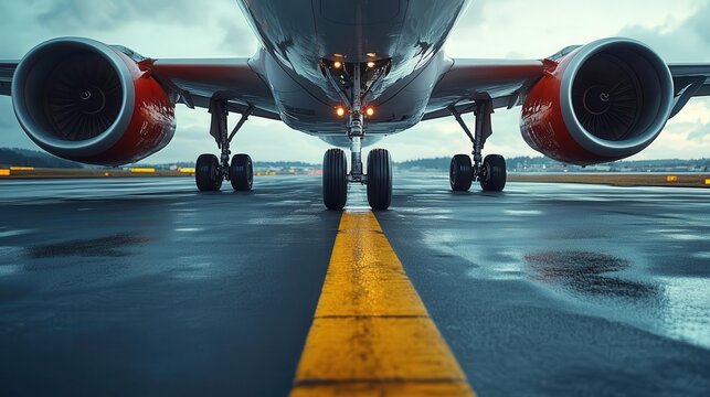 Airplane on runway, close-up of airplane wheels and landing gear, ready for takeoff