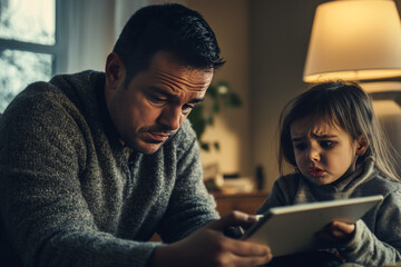 Parent gently takes tablet away from child during a moment of concern and discussion in a cozy living room
