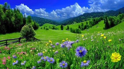 Obraz premium Sunny mountain meadow wildflowers, scenic landscape, idyllic rural view, postcard image