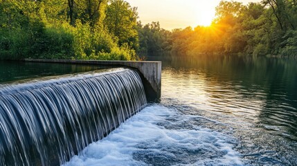 Serene Sunset Over Tranquil River with Gentle Waterfall and Lush Green Surroundings, Capturing the Beauty of Nature's Landscape in Golden Light