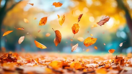 Autumn leaves falling, close-up of colorful leaves mid-air, vibrant fall colors in the background