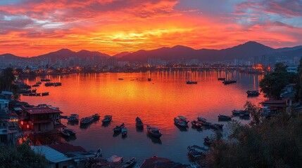 Fototapeta premium Vibrant Sunset Over Tranquil Harbor with Boats and Mountain Silhouette
