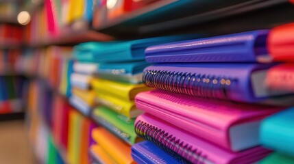 Obraz premium Back-to-school shopping, close-up of colorful notebooks and pencils, organized and vibrant display