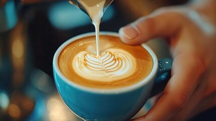 Barista making coffee, close-up of hands pouring steamed milk, intricate latte art in progress