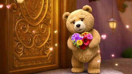 Brown teddy bear holding a bouquet of flowers stands in front of golden door with floating hearts