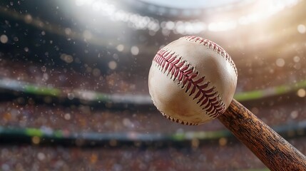 Baseball game in progress, close-up of baseball bat swinging, ball in motion, action-packed stadium