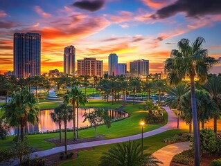 A photo of the city skyline at sunset in Tampa, Florida, with palm trees and skyscrapers.