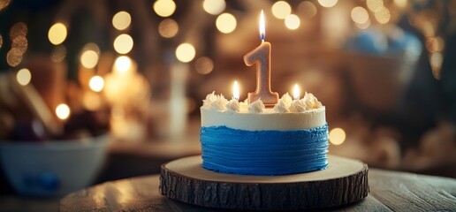 A blue-themed birthday cake adorned with a single, illuminated candle styled as the digit 1.