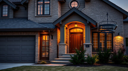 Obraz premium Luxury Home Exterior at Night: Modern Brick Architecture and Elegant Design