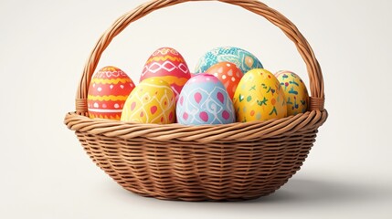 Vibrant easter basket filled with colorful eggs on white background