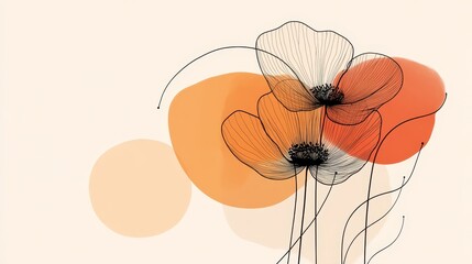 Abstract Floral Art Print Elegant Line Drawing Poppies with Warm Hues and Soft Color Palette