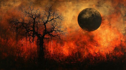 Burning forest landscape with dark moon and barren tree.