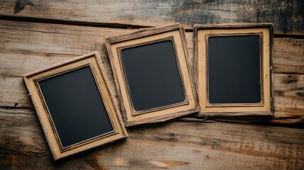 Three empty vintage wooden photo frames on rustic wooden background